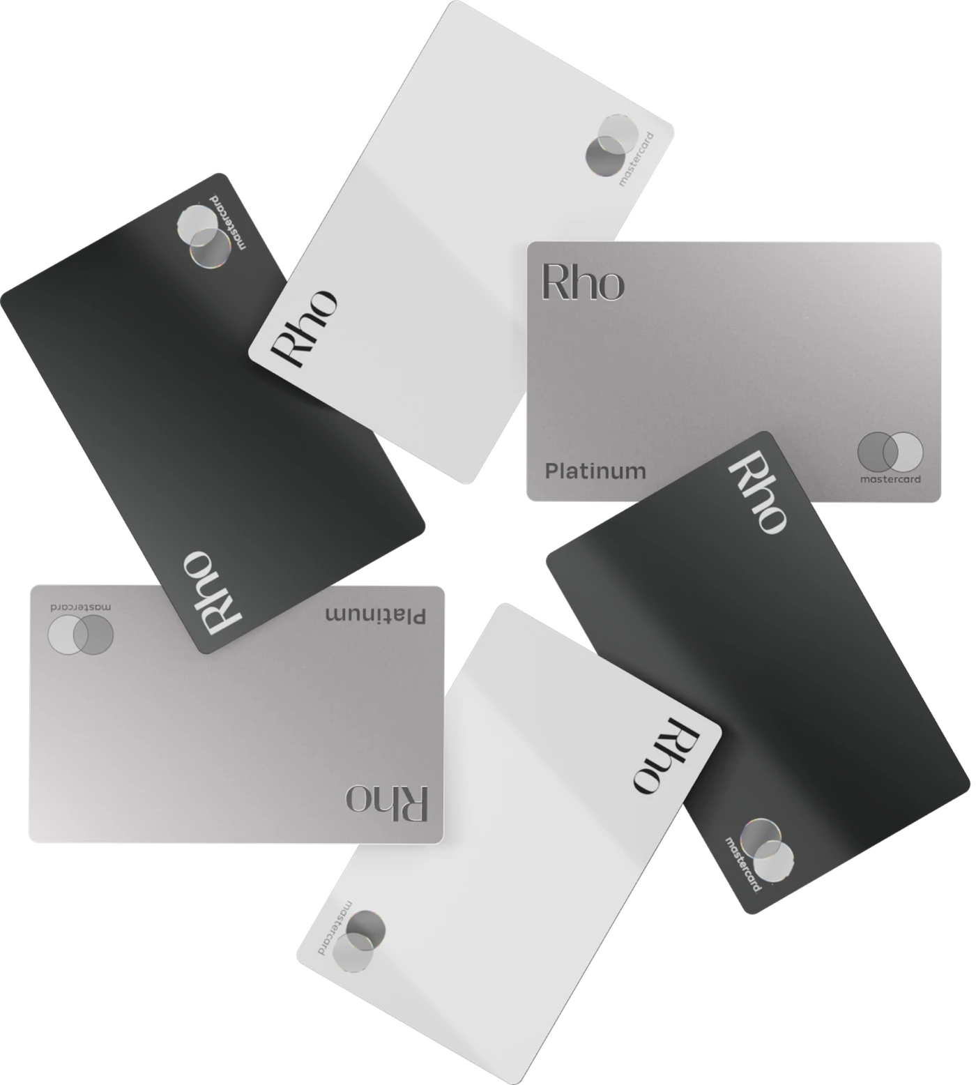 A circular arrangement of six Rho credit cards in black, white, and silver, each displaying the Mastercard logo.
