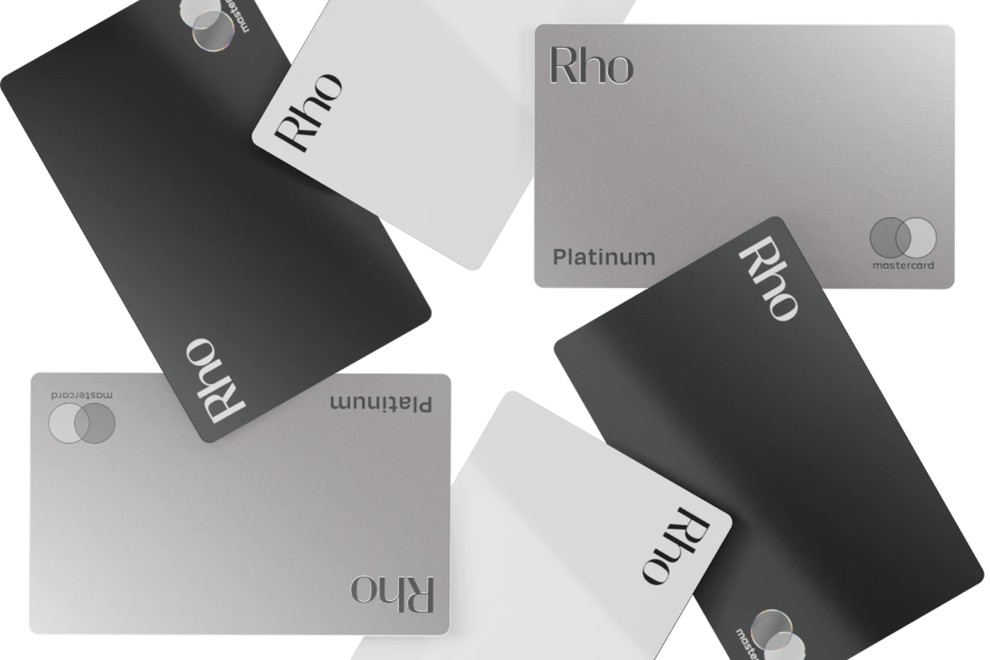 A circular arrangement of six Rho credit cards in black, white, and silver, each displaying the Mastercard logo.