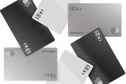 A circular arrangement of six Rho credit cards in black, white, and silver, each displaying the Mastercard logo.