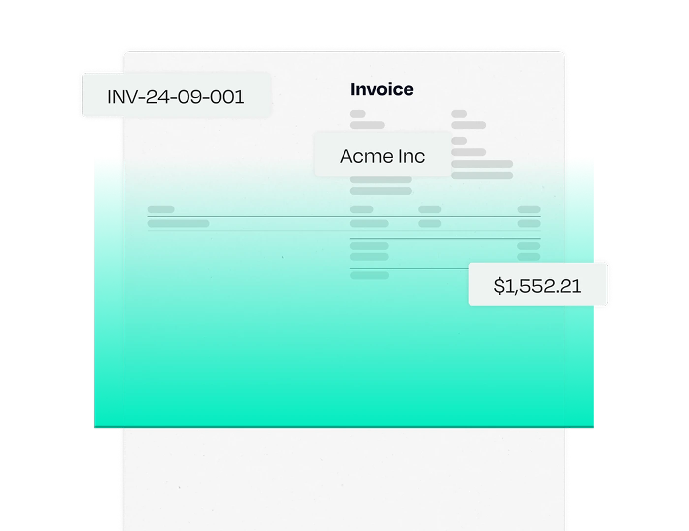 A digital invoice labeled "INV-24-09-001" from Acme Inc, showing a total amount of $1,552.21, with a teal gradient background.