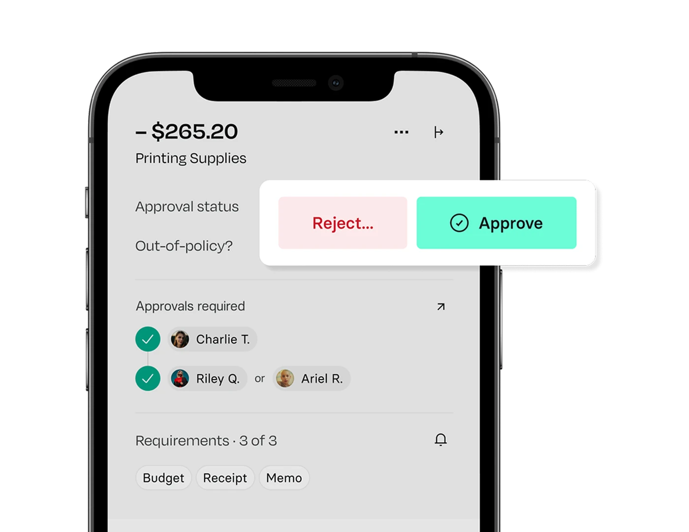 Mobile screen showing a $265.20 expense for printing supplies. Options to "Reject" or "Approve" are displayed, with approvals required from three people.