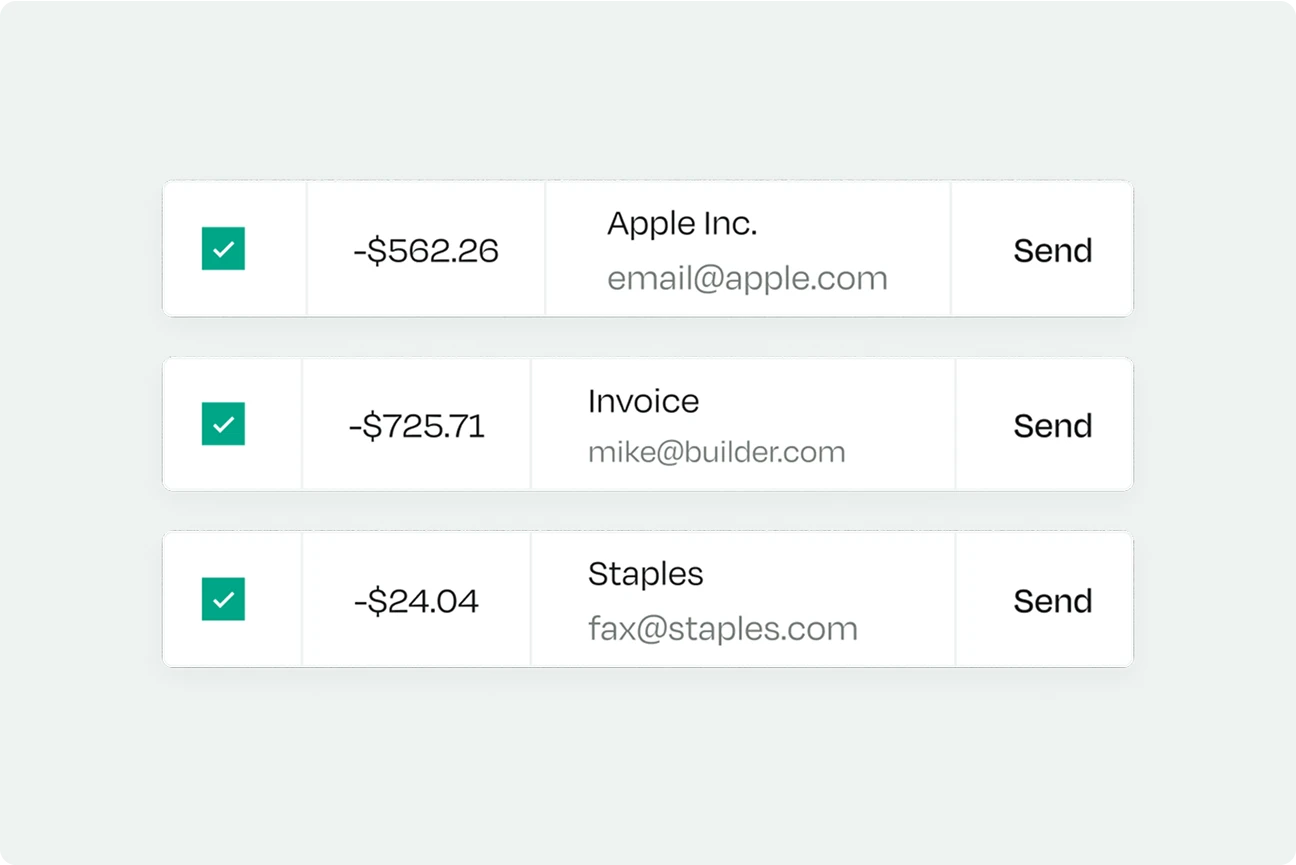 A list of three financial transactions with amounts, recipient email addresses, and "Send" buttons for Apple Inc., Invoice, and Staples.