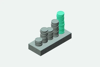 Stacks of coins arranged in ascending order on a rectangular platform, with the tallest stack in green, symbolizing growth or profit.