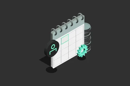 Isometric illustration of a calendar with user icon, database, and gear symbols, representing scheduling and data management on a dark background.
