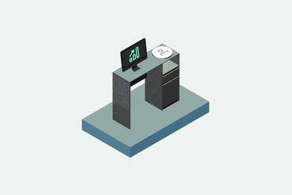 Isometric illustration of a modern desk with a computer displaying "AI 600" and a round object on top, set on a blue platform.