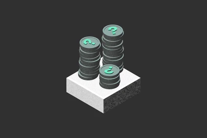 Stacks of dark coins with question marks on top, placed on a textured platform against a dark background.