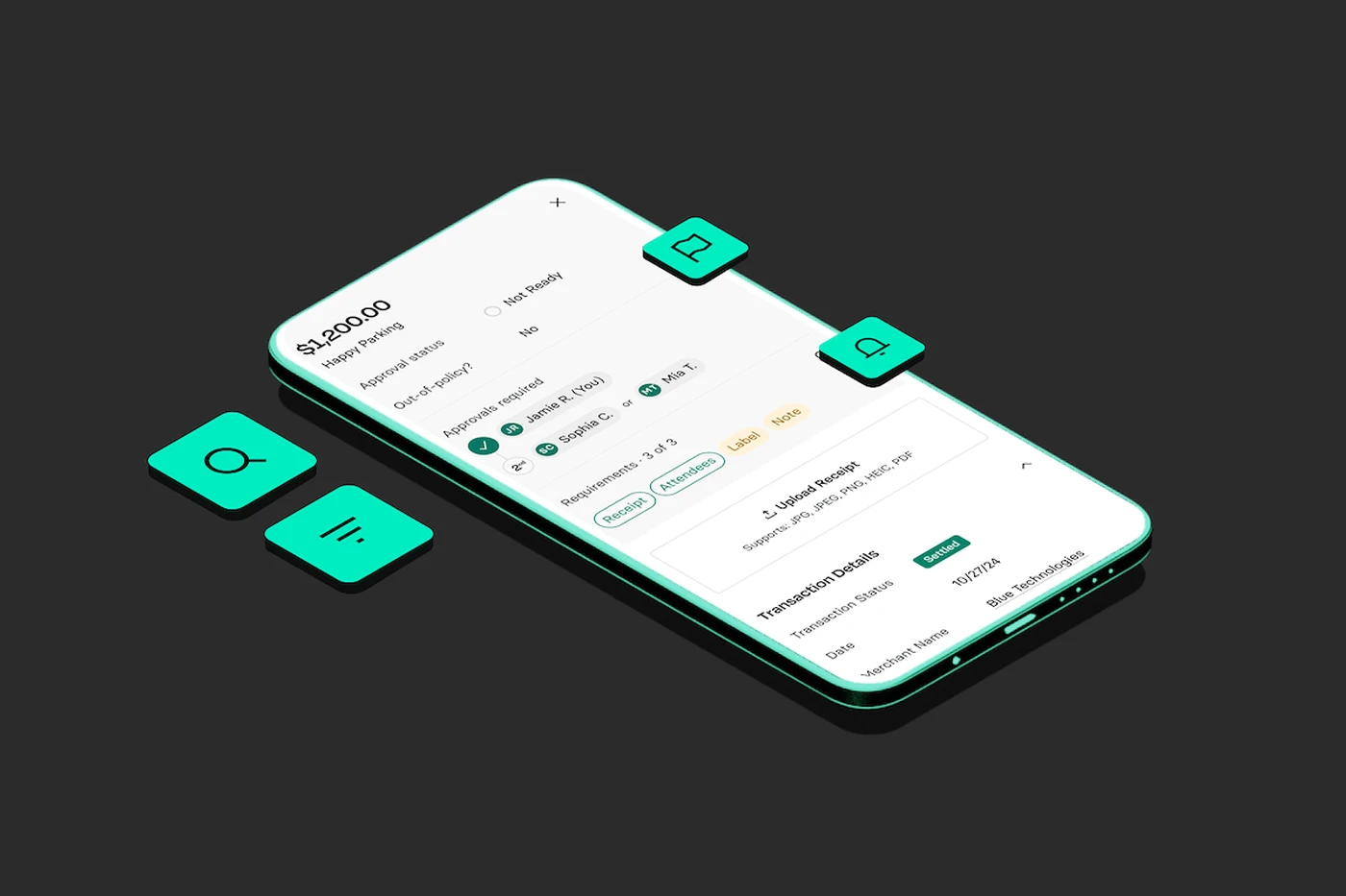 Isometric smartphone displaying a banking app interface with icons for search, menu, and flag on a dark background.