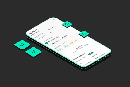 Isometric smartphone displaying a banking app interface with icons for search, menu, and flag on a dark background.