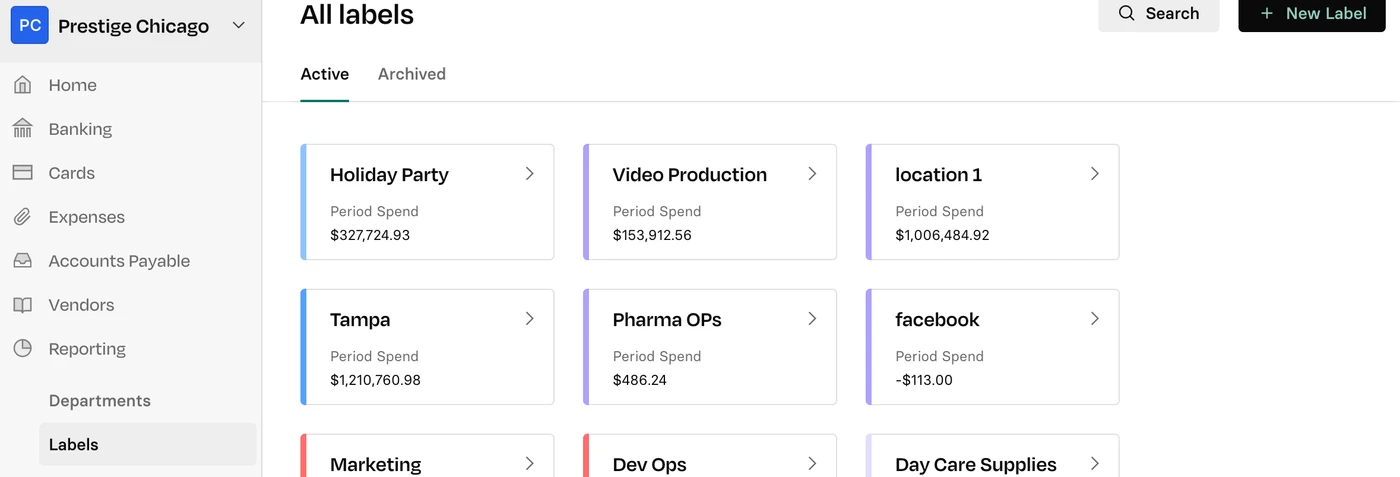 Dashboard showing various labels with period spend amounts, including "Holiday Party," "Video Production," and "Marketing."