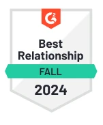 G2 badge reading "Best Relationship, Fall 2024" with a red top banner and green highlight.