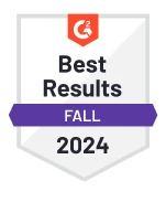 G2 badge displaying "Best Results, Fall 2024" with a red top section and a purple banner across the middle.