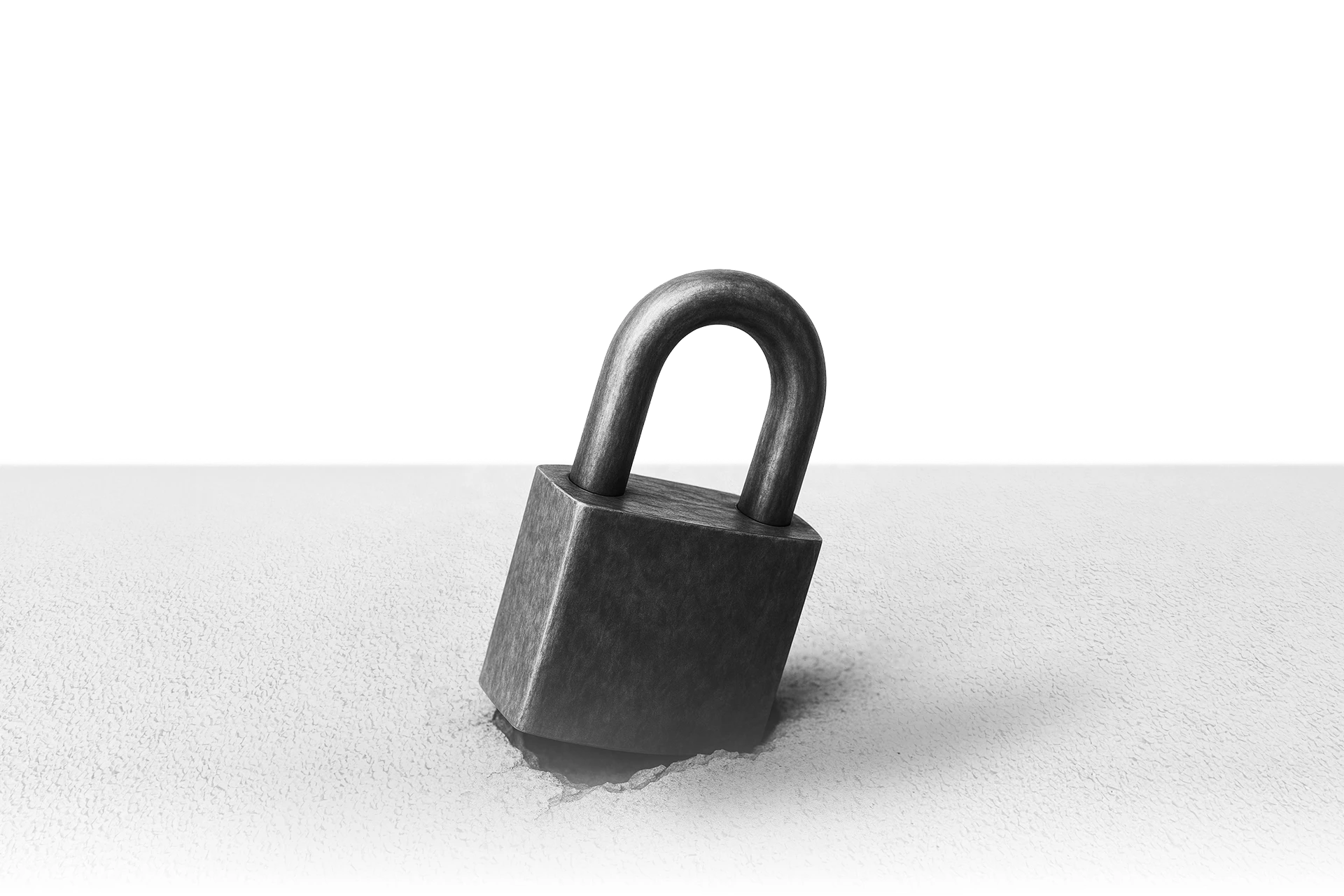 A metal padlock embedded in a white surface, casting a shadow, with a black background.