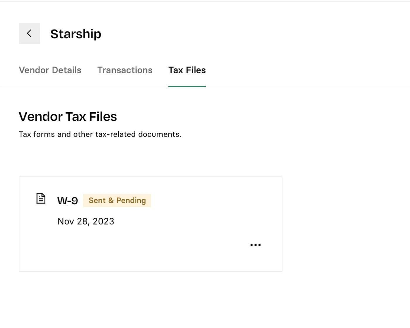 Screenshot of a webpage showing a "Starship" tab with "Vendor Tax Files" selected. A W-9 form is listed as "Sent & Pending" for Nov 28, 2023.