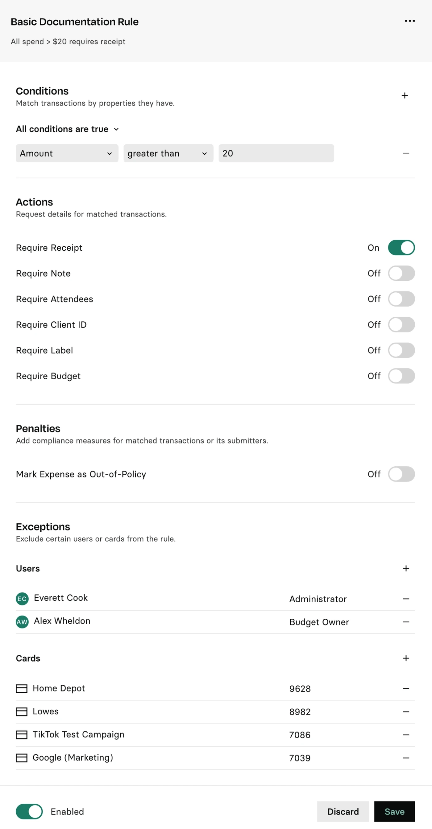 Settings interface for a documentation rule, showing conditions, user exceptions, and card details. Options for receipts, attendees, and budgets are visible.