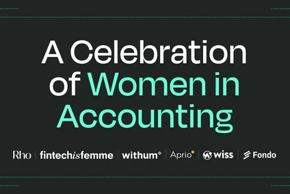 Text reading "A Celebration of Women in Accounting" with logos of Rho, fintechisfemme, withum, Aprio, wiss, and Fondo on a dark background.