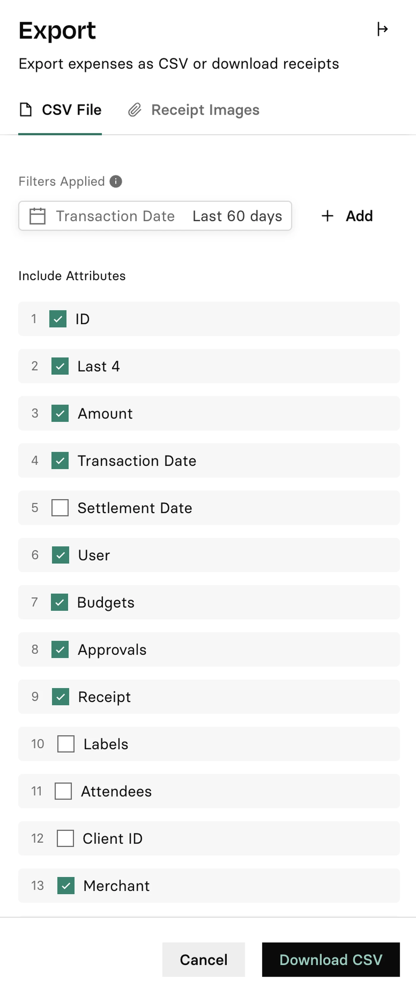 Export settings panel with options to include attributes like ID, Amount, Transaction Date, and more. "Download CSV" button at the bottom.