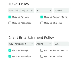 Image showing two policy sections: Travel Policy and Client Entertainment Policy, each with options for receipts, memos, attendees, and GL codes.