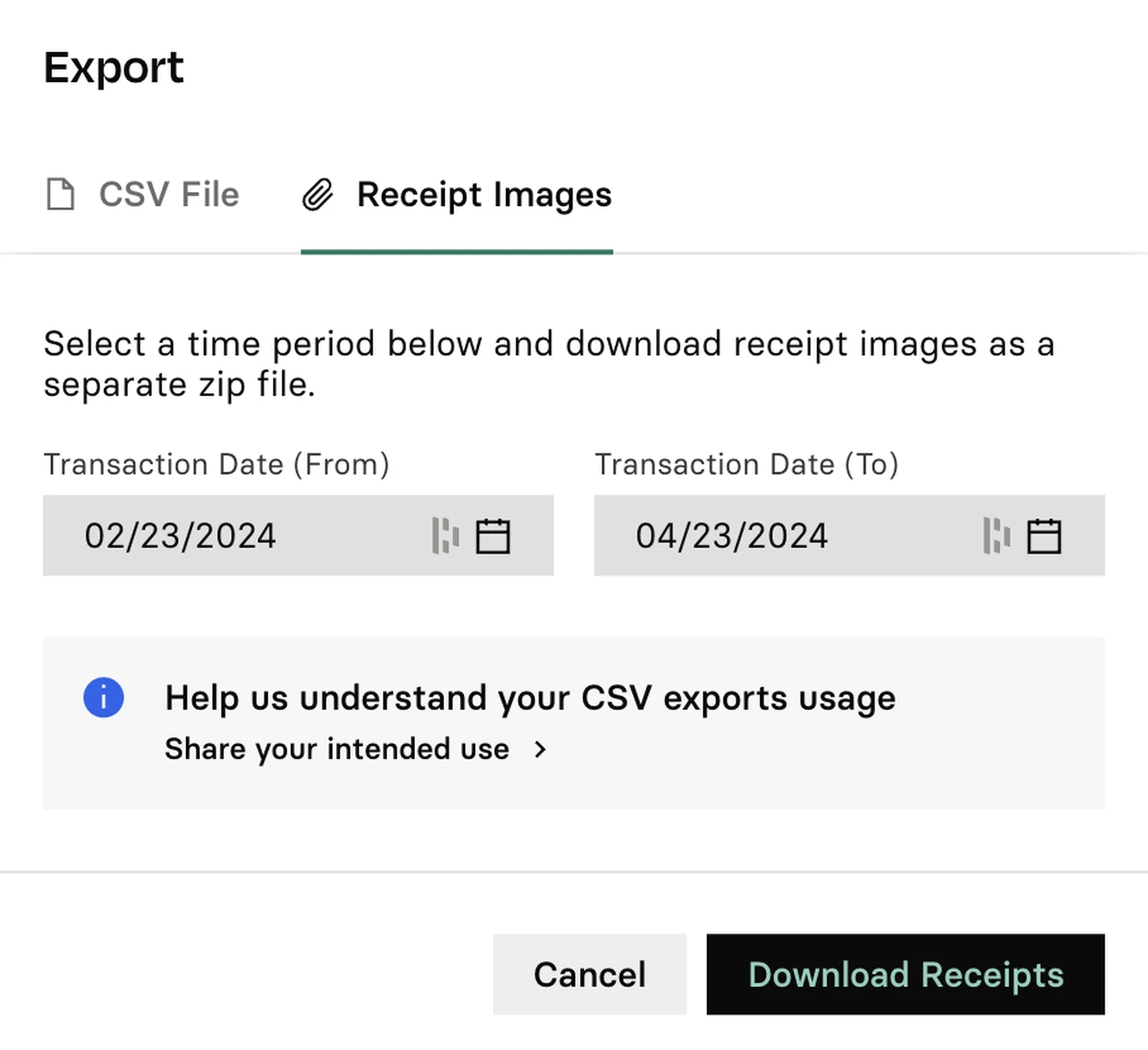 Export interface for downloading receipt images by date range, with options to specify from and to dates, and a button to download receipts.