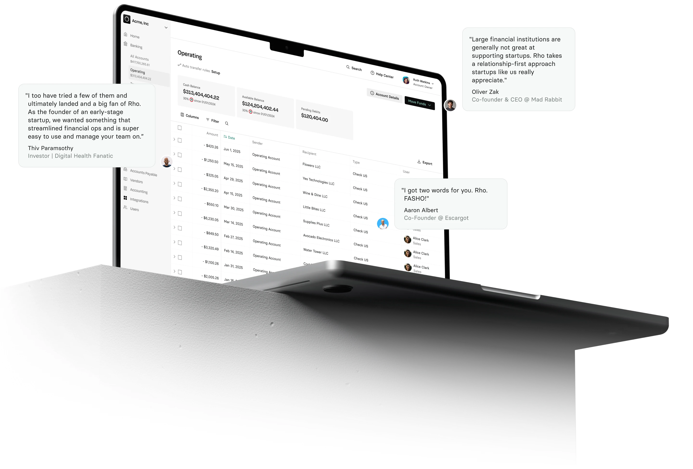 A computer screen displaying a financial management dashboard with user testimonials in speech bubbles.