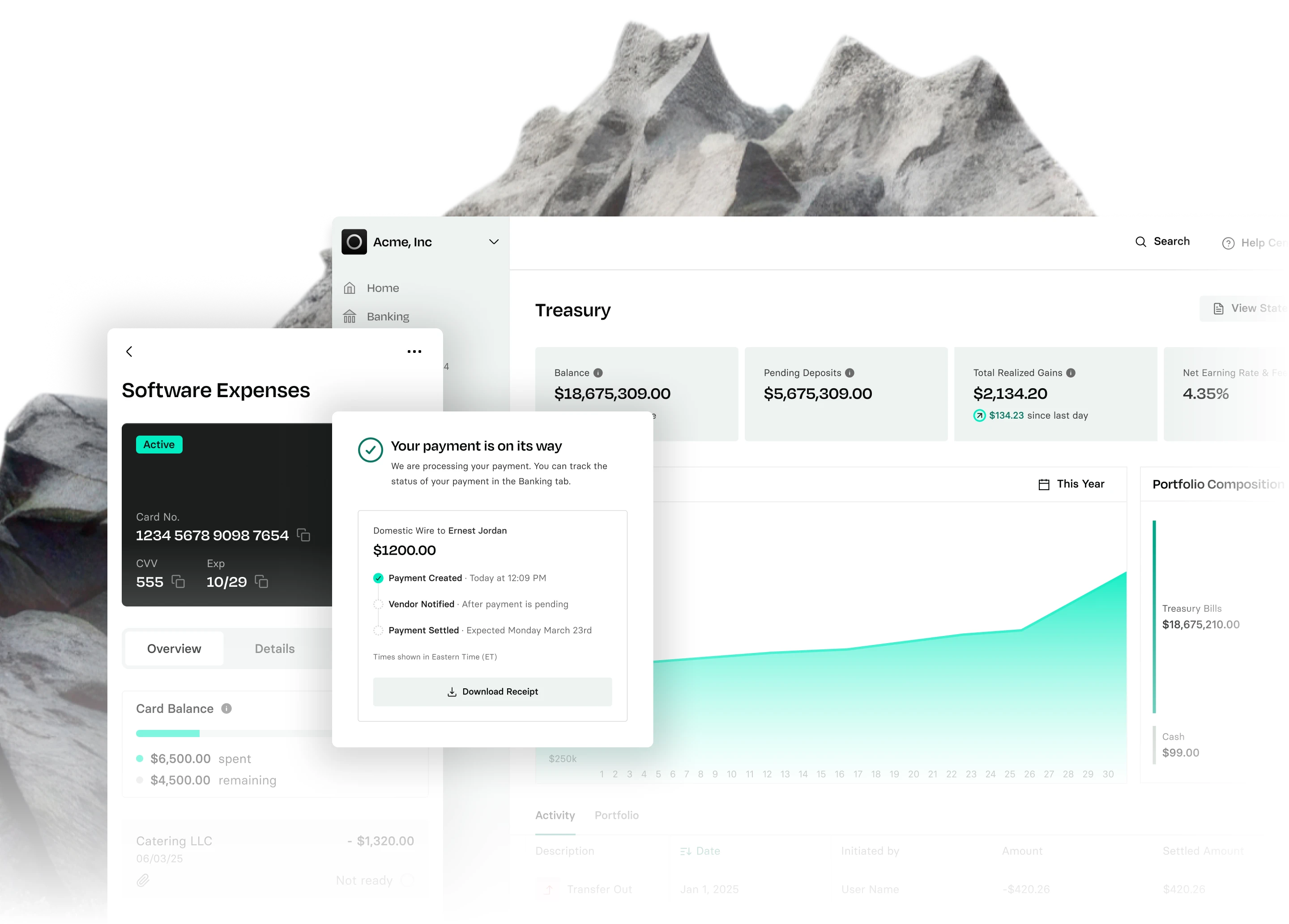 A digital dashboard showing financial software with charts, transaction details, and a payment confirmation overlay, set against a mountain backdrop.