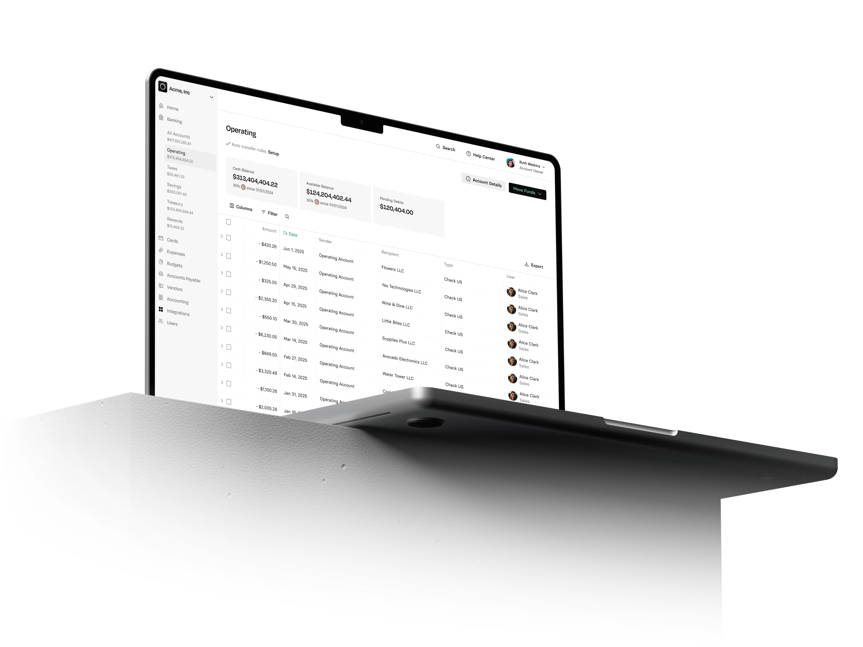 A sleek, open laptop displaying a dashboard with a list of operations, placed on a white surface against a plain background.