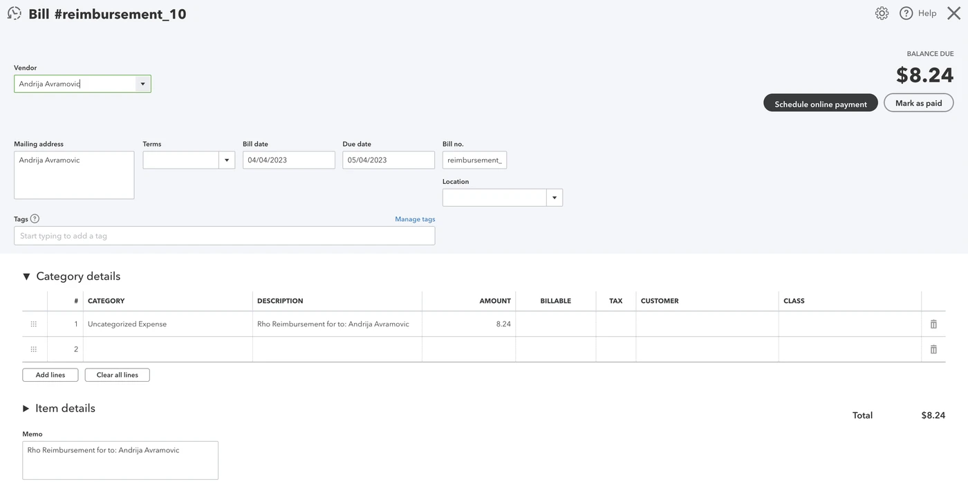 Screenshot of a reimbursement bill.