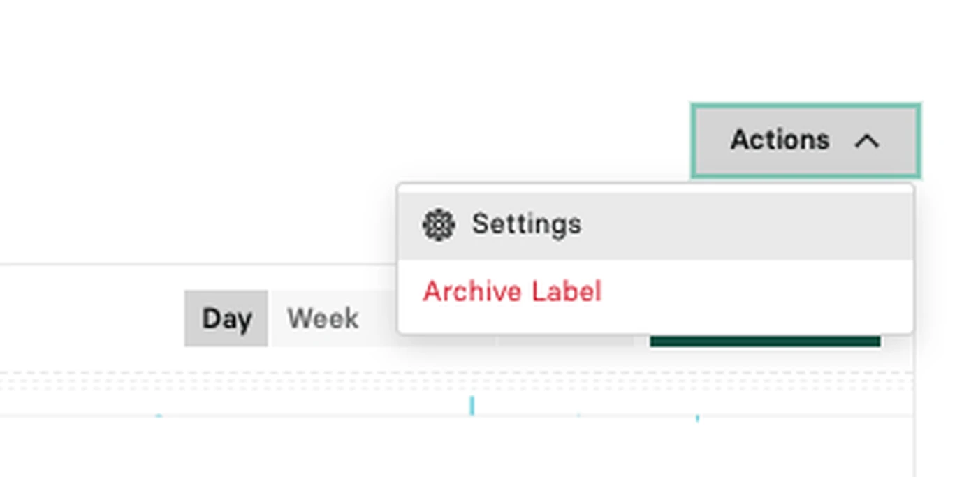 Dropdown menu showing "Settings" and "Archive Label" options under the "Actions" button.