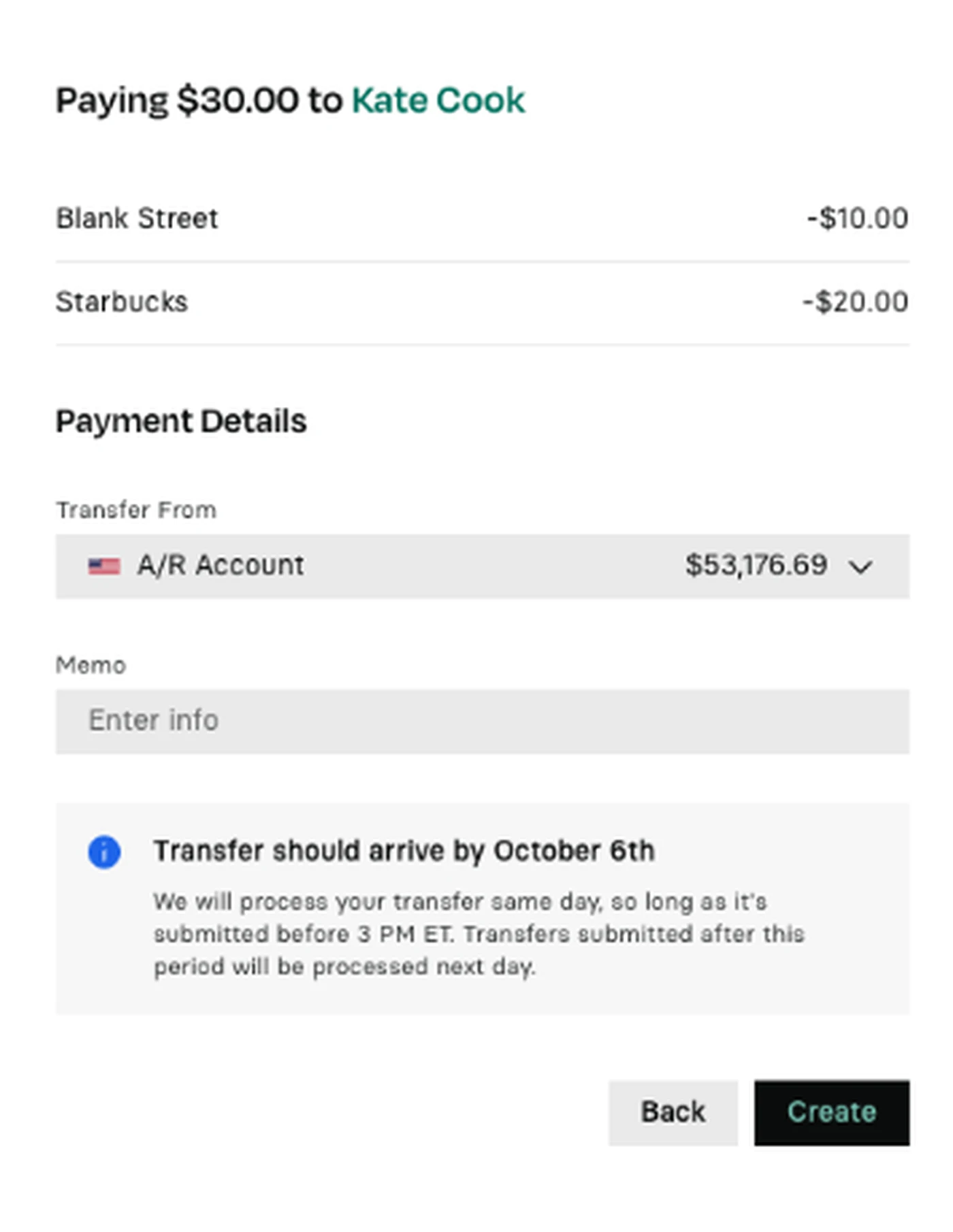 Payment screen showing a $30 transfer to Kate Cook. Includes deductions for Blank Street and Starbucks. Transfer details and arrival date are displayed.