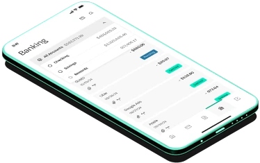 A smartphone displaying a banking app interface with account balances, transaction history, and navigation icons.