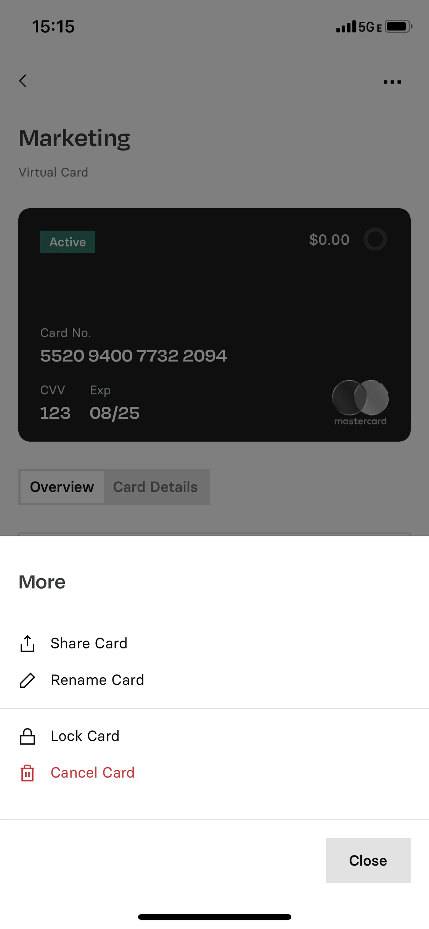 Virtual Mastercard interface showing card details with options to share, rename, lock, or cancel the card.