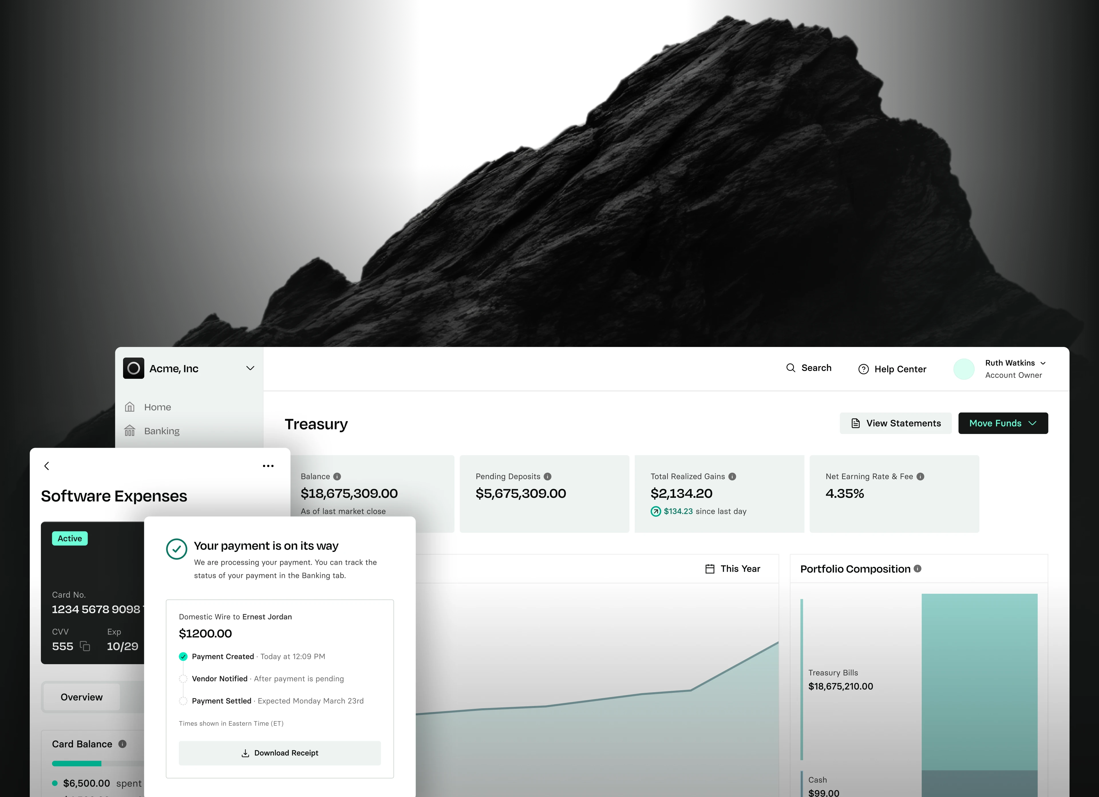 Three product screens featuring card spend, payments, and our accounts dashboard overlayed on a background of a dark mountainous boulder.