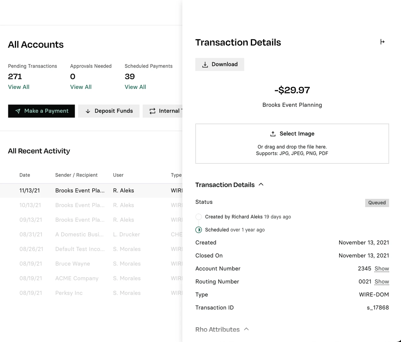 Split-screen image: Left shows a financial dashboard with account details; right displays a transaction detail of -$29.97 for Brooks Event Planning.