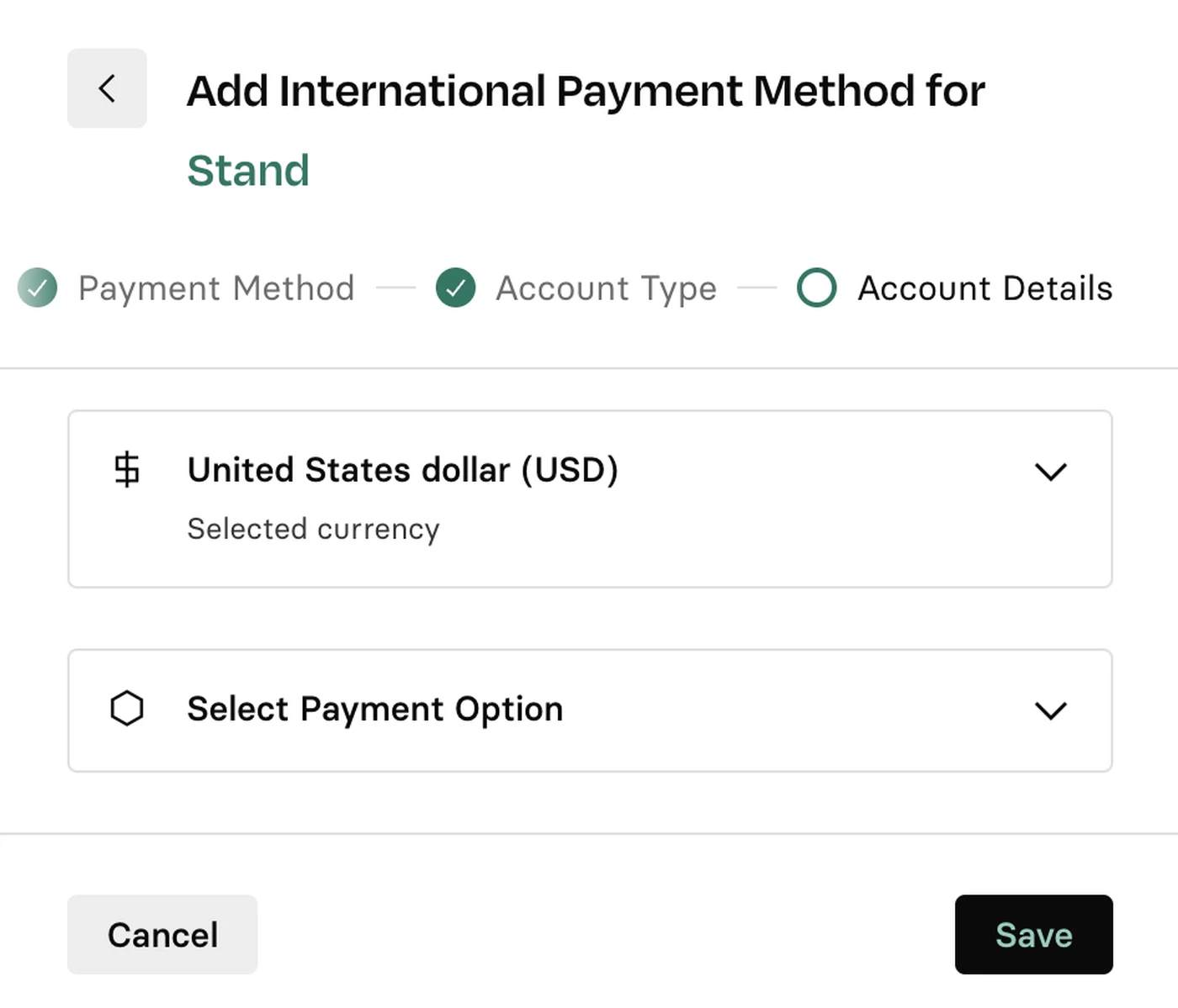 Form for adding an international payment method, showing selected currency as USD and options to select payment method and account details.