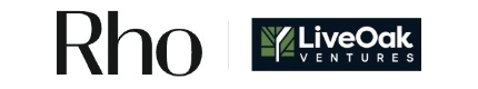 Logos of "Rho" in black text and "LiveOak Ventures," featuring a stylized tree graphic, on a white background.