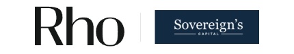 Logos of "Rho" in black text and "Sovereign's Capital" in white text on a dark blue background, displayed side by side.