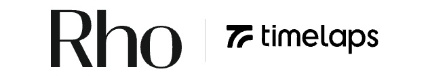 Logos of "Rho" and "timelaps" in black text on a white background, separated by a vertical line.