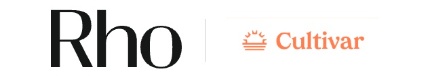Logos of "Rho" in black and "Cultivar" with an orange sunset icon on a white background.