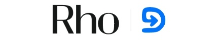 Text "Rho" in black next to a stylized blue arrow logo on a white background.