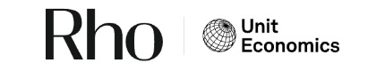 Rho wordmark beside the Unit Economics globe symbol and stacked black wordmark on white.