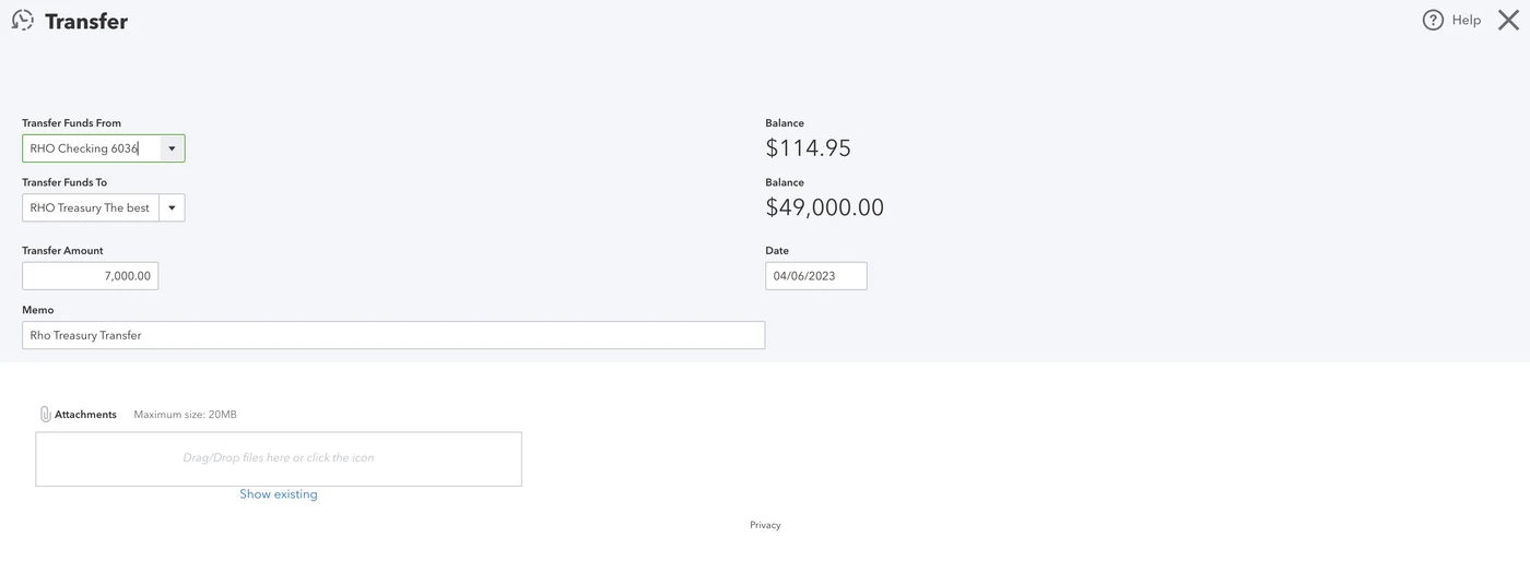 screenshot of a transfer window, showing a transfer between Rho Checking and Rho Treasury