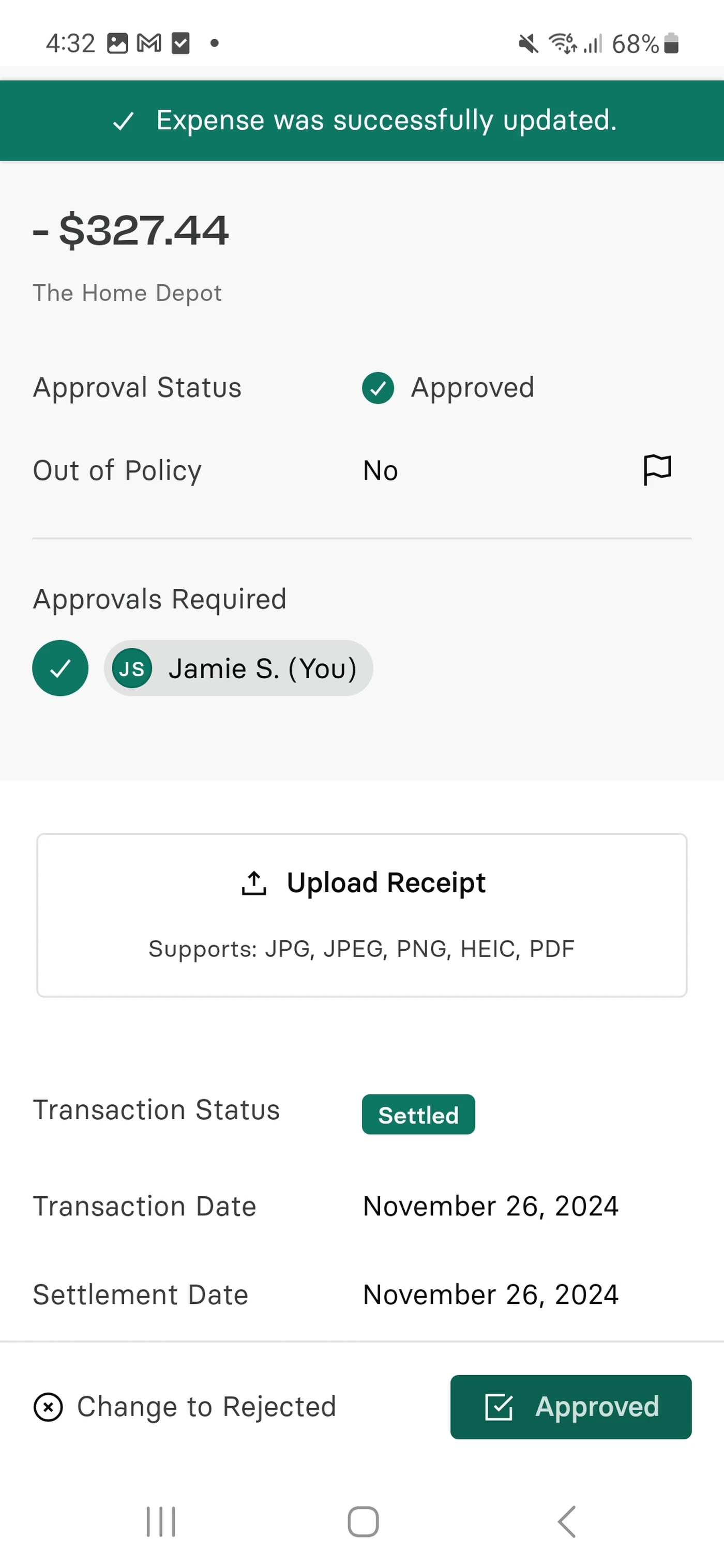 Expense update confirmation screen showing a settled transaction of $327.44 at The Home Depot, approved by Jamie S.