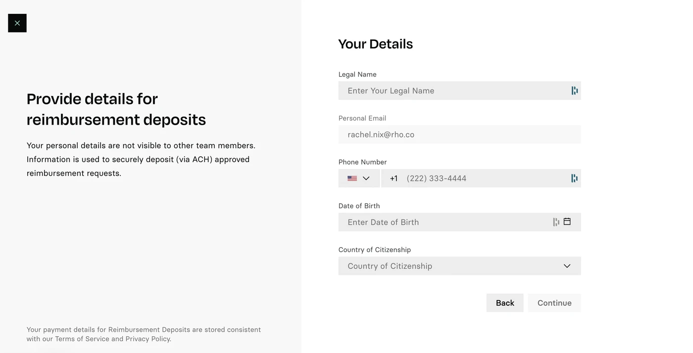 Form for reimbursement deposits with fields for legal name, email, phone, date of birth, and country of citizenship. Includes back and continue buttons.