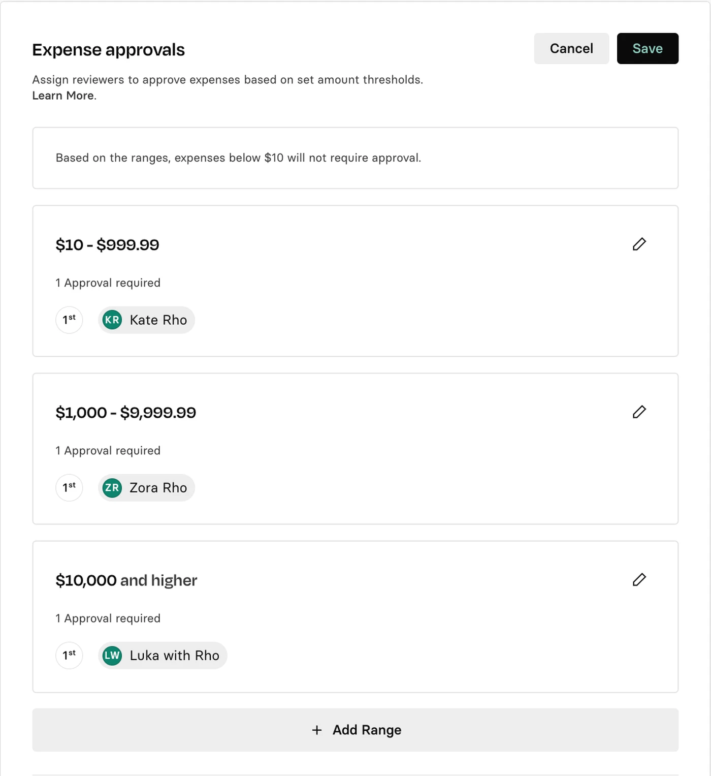 Expense approvals interface showing three approval ranges: $10-$999.99, $1,000-$9,999.99, and $10,000 and higher, each with assigned reviewers.