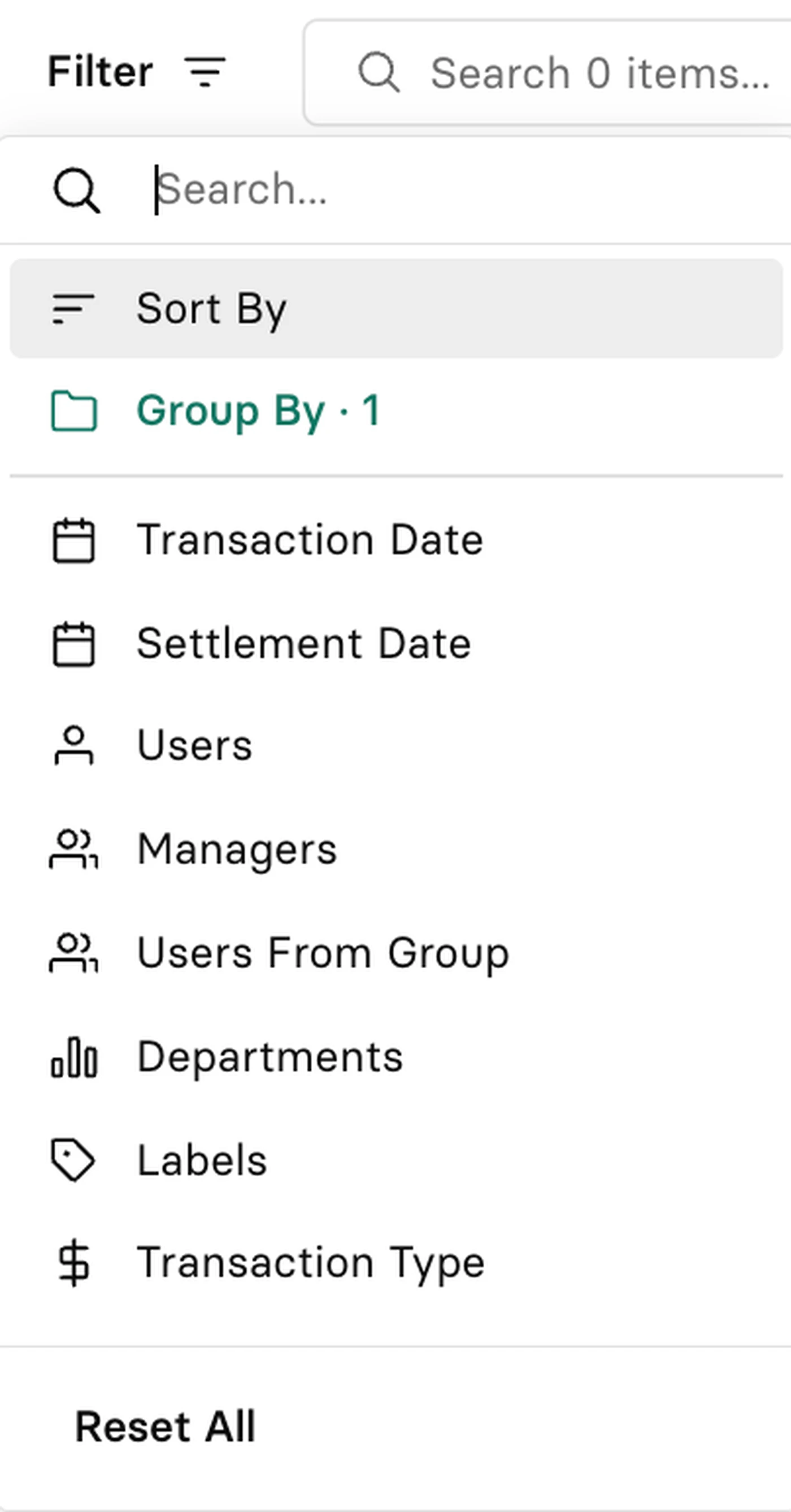 A dropdown menu with options to filter by transaction date, settlement date, users, managers, departments, labels, and transaction type.