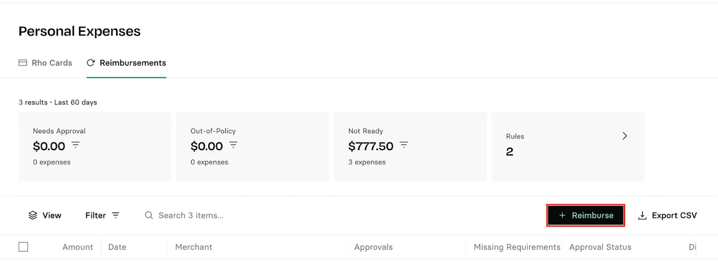 Dashboard showing personal expenses: $0 needs approval, $0 out-of-policy, $777.50 not ready. Options to view, filter, and export CSV.