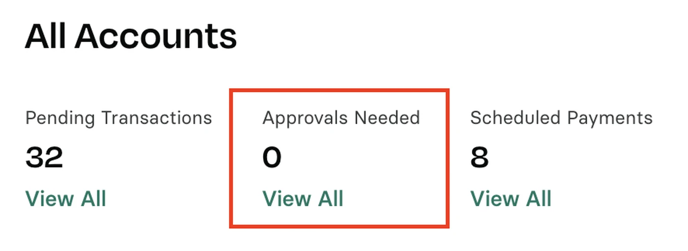Dashboard showing account summary: 32 pending transactions, 0 approvals needed, and 8 scheduled payments, each with a "View All" link.