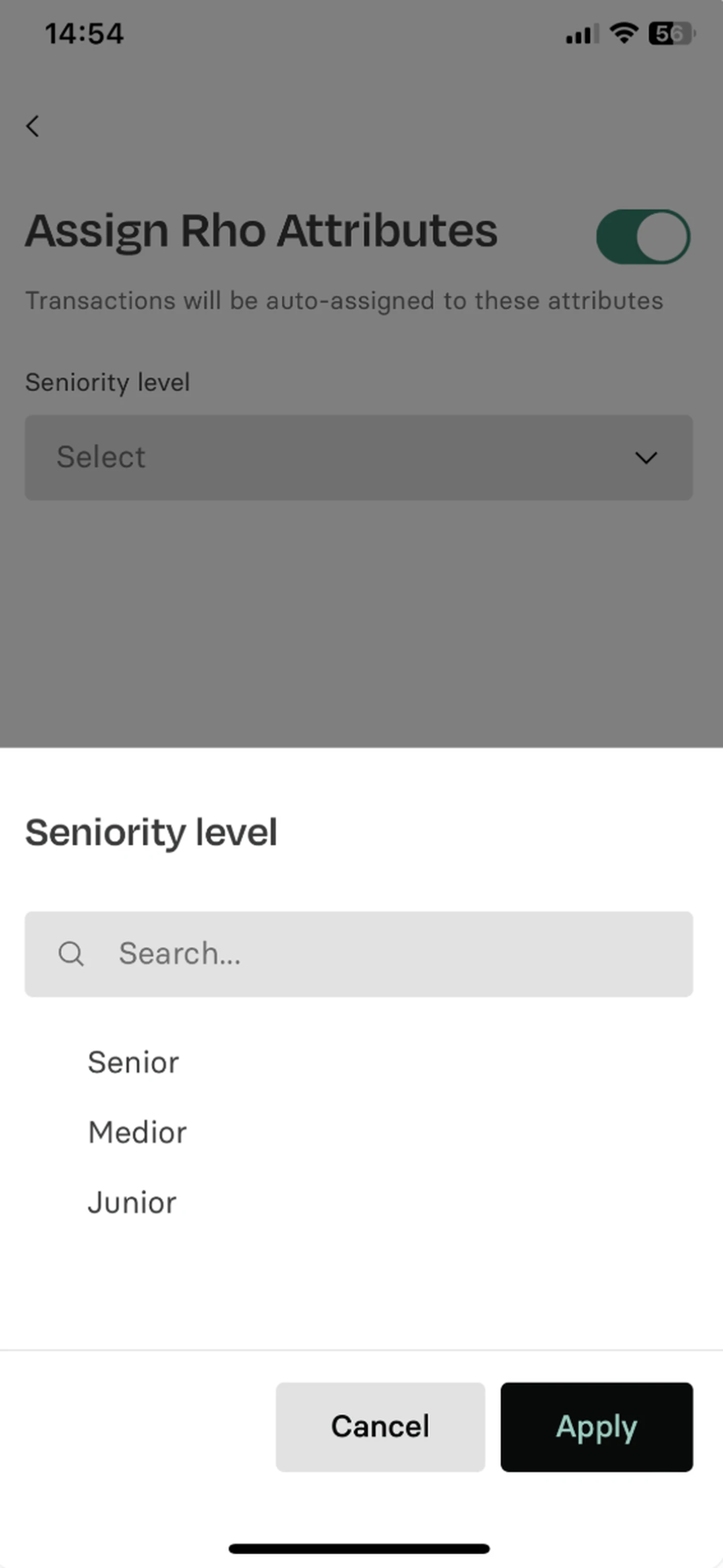 Dropdown menu for selecting seniority level, with options: Senior, Medior, Junior. Buttons for "Cancel" and "Apply" are at the bottom.