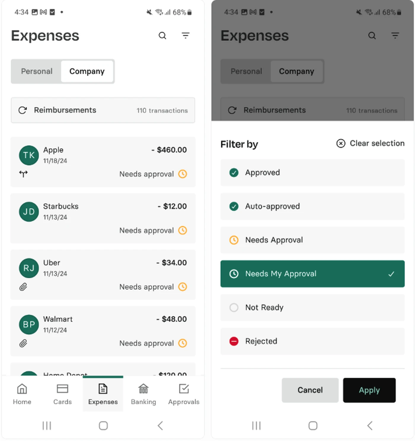 Mobile app screenshot showing expenses list with company names and amounts. Filters include "Approved," "Needs My Approval," and "Rejected."