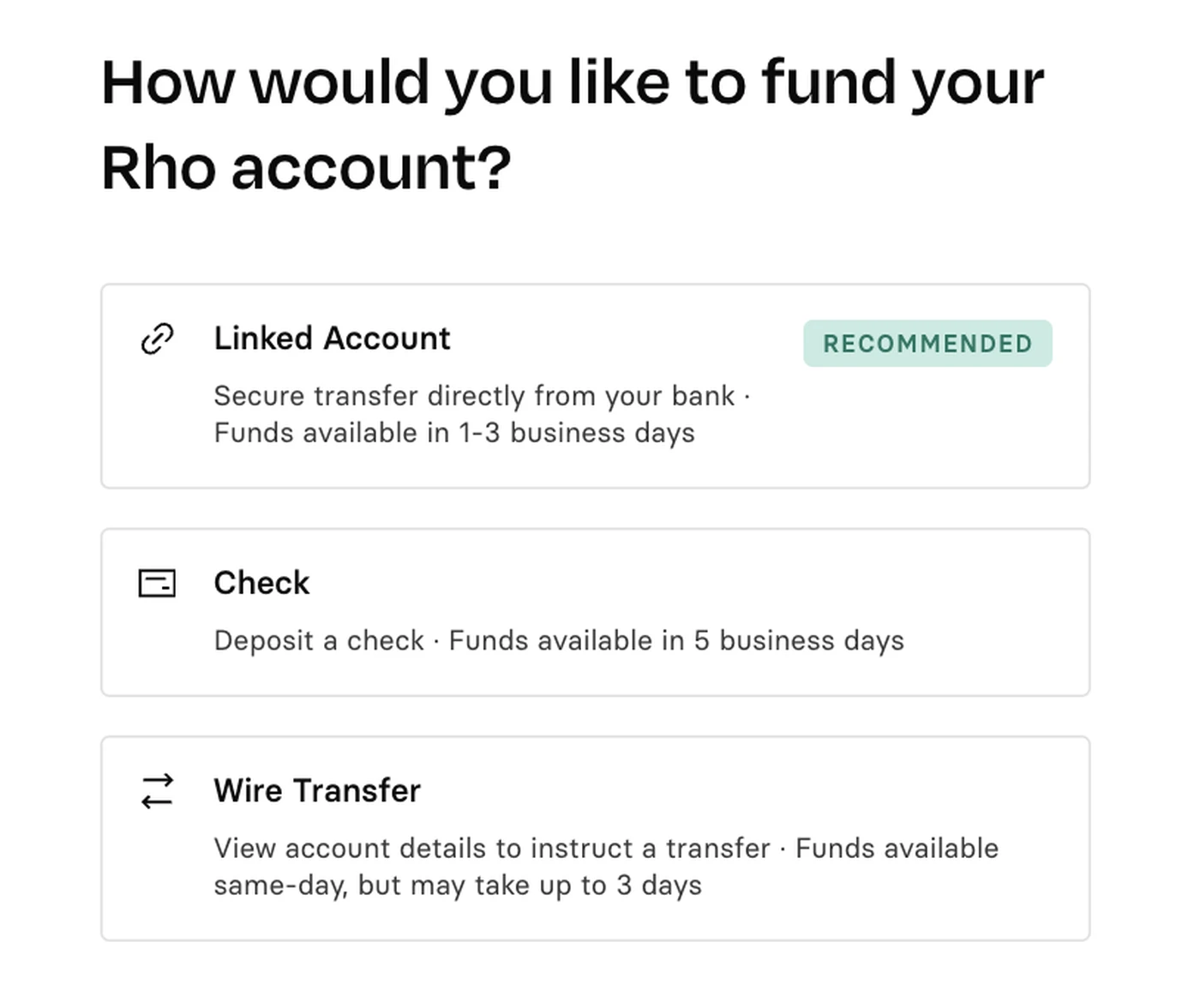 Funding options for a Rho account: Linked Account (recommended), Check, and Wire Transfer, each with different processing times.