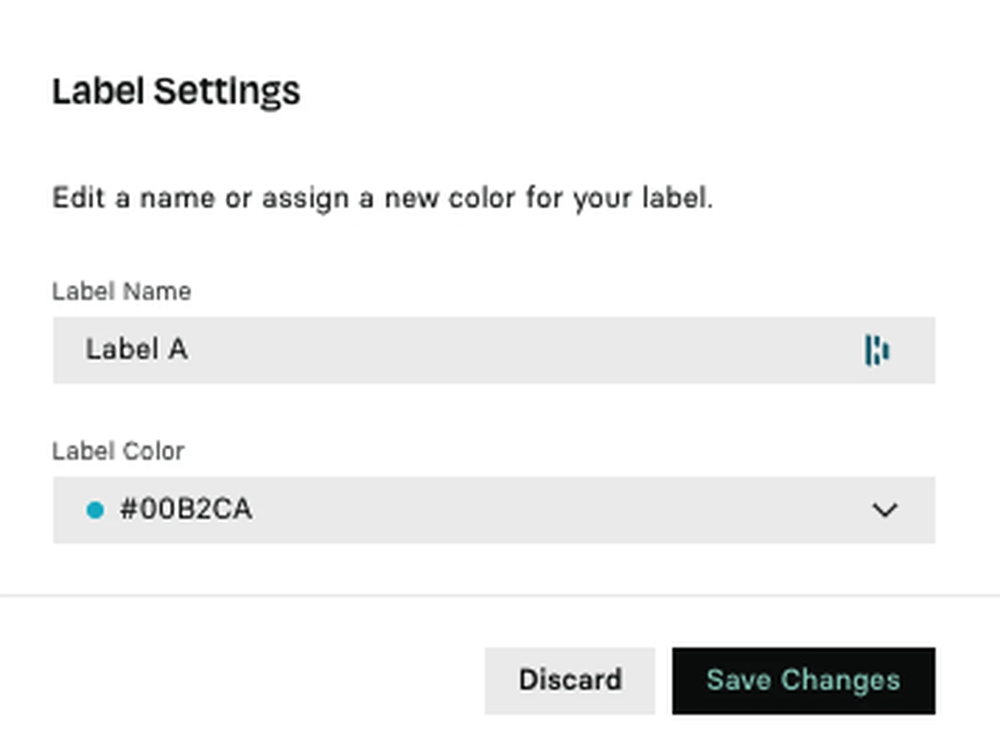 Label settings interface showing fields for "Label Name" and "Label Color," with options to discard or save changes.